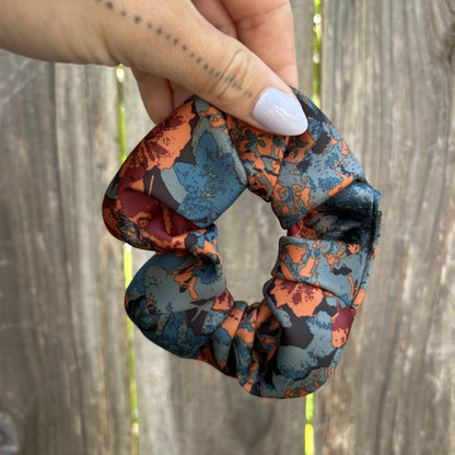 Orange and Blue Floral Silk Scrunchie