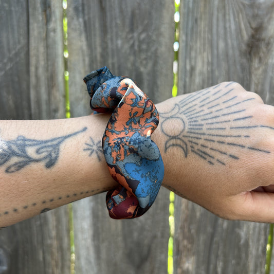 Orange and Blue Floral Silk Scrunchie