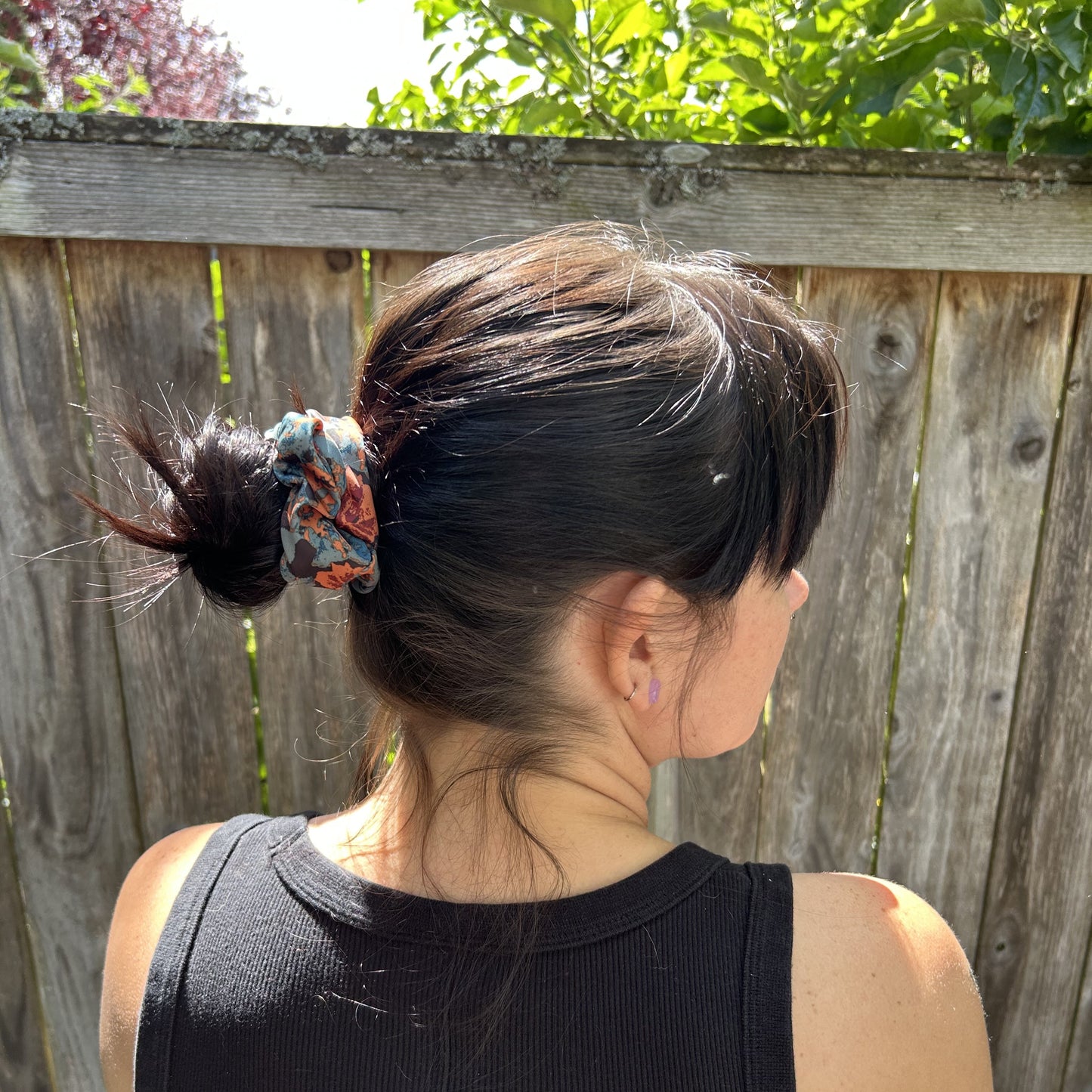 Orange and Blue Floral Silk Scrunchie