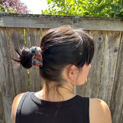 Orange and Blue Floral Silk Scrunchie